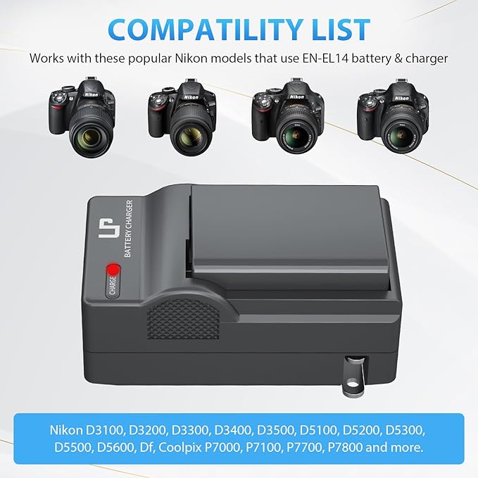 LP EN-EL14 EN EL14a Battery Charger Pack, 2-Pack Battery 1500mAh Compatible with Nikon D3500, D5600, D3300, D5100, D5500, D3100, D3200, D5200, D5300, D3400, DF, P7000, P7100, P7700, P7800 & More