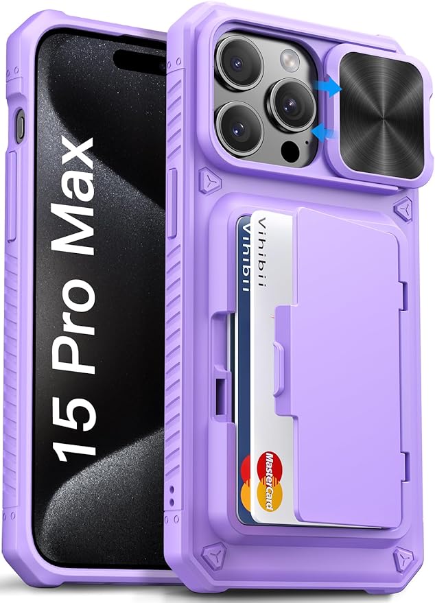 Vihibii for iPhone 15 Pro Max Wallet Case with Card Holder (4 Cards) & Slide Lens Cover & Stand, Shockproof Rugged Hard Back & Raised Edges Protection Case for iPhone 15 Pro Max, 5G 6.7", Light Purple