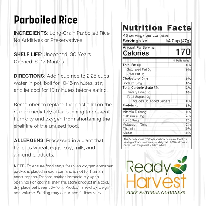 Ready Harvest Emergency Food - Parboiled White Rice | Survival Food | Pantry Staples | #10 Can | 30-Year Shelf Life | 4 lbs | Cans Filled to the Top