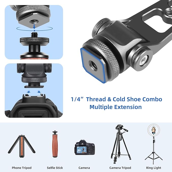 PULUZ Tripod Phone Mount, Universal Smartphone Mount Adapter Rotatable Bracket with 1/4 inch Screw, 360° Rotates and 180° Tilts Adjustable Cell Phone Clamp Holder for Mobile Photography