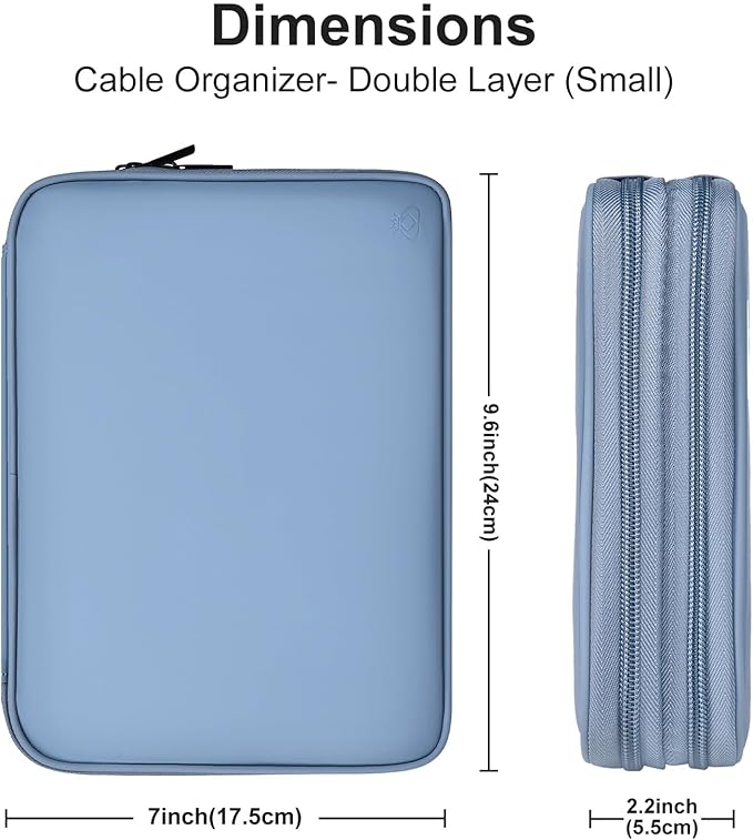 Leather Cord Organizer Travel Waterproof Travel Cable Organizer Bag Portable Tech Organizer Travel Case for Charger Electronic Accessories(Gray&Blue, Double Layer-Small)