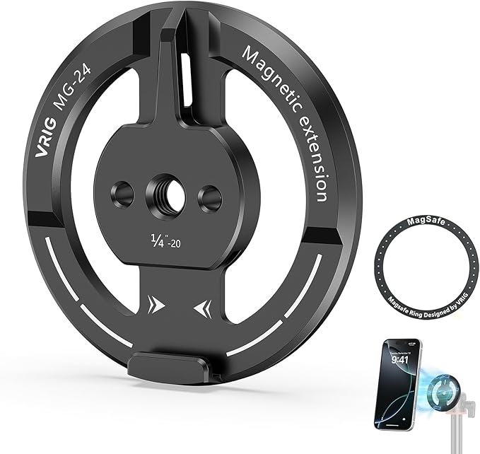 VRIG Magnetic Phone Tripod Mount Adapter with Adhesive Magnetic Ring Compatible with MagSafe iPhone 15 Pro Max 15 Plus 14 13 12, 1/4" Thread for iPhone Video Recording Selfie Stick Ring Light