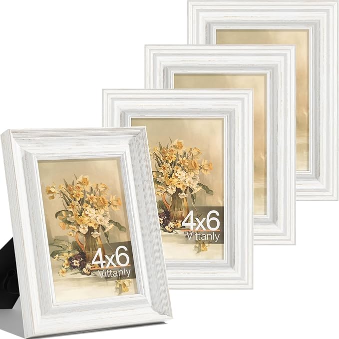 Vittanly 4x6 Picture Frame Set of 4, Vintage Photo Frame for Wall or Tabletop, Display 3.5x5 Pictures with Mat or 4x6 without Mat, Rustic Farmhouse Home Decor, Vintage White