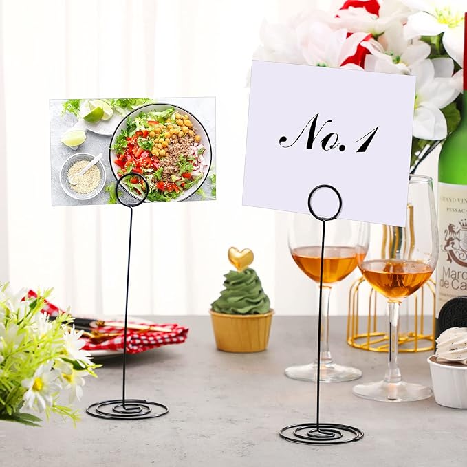 24 Pack 8.86 Inch Table Number Holder Wire Photo Holder Picture Name Menu Clips Memo Note Cards Stand for Wedding Reception Anniversary Birthday Centerpieces(Black)