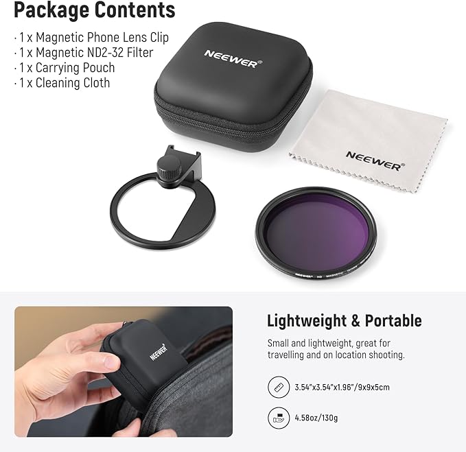 NEEWER 67mm Variable ND Filter with Cold Shoe Phone Lens Clip, HD Clip On Magnetic ND2-32 Filter Compatible with iPhone 17 Pro Max 16 15 14 Android Samsung Galaxy S24 S25 Ultra