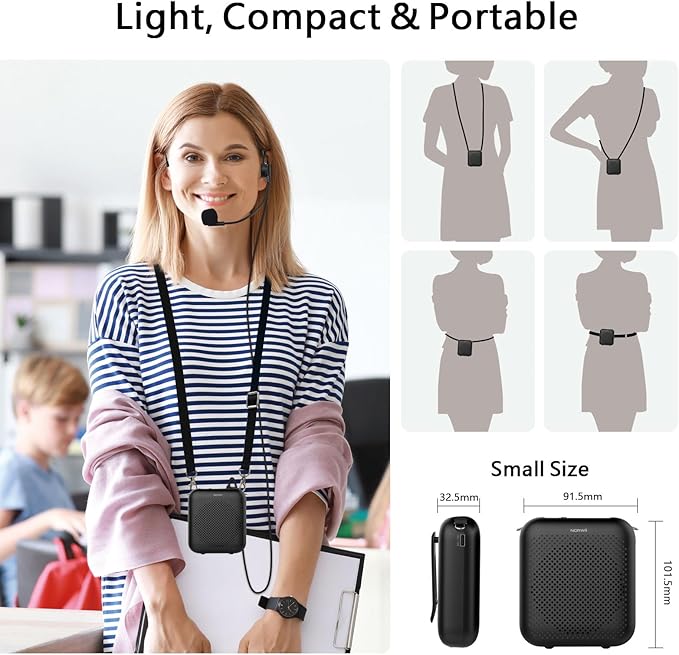 Norwii Bluetooth Voice Amplifier, Power Amplifiers, Portable Mini Wired Microphone Headset for Teacher Classroom & Outdoor Lectures, Teaching, Tour Guides, USB-C Rechargeable - 2000mAh, Black