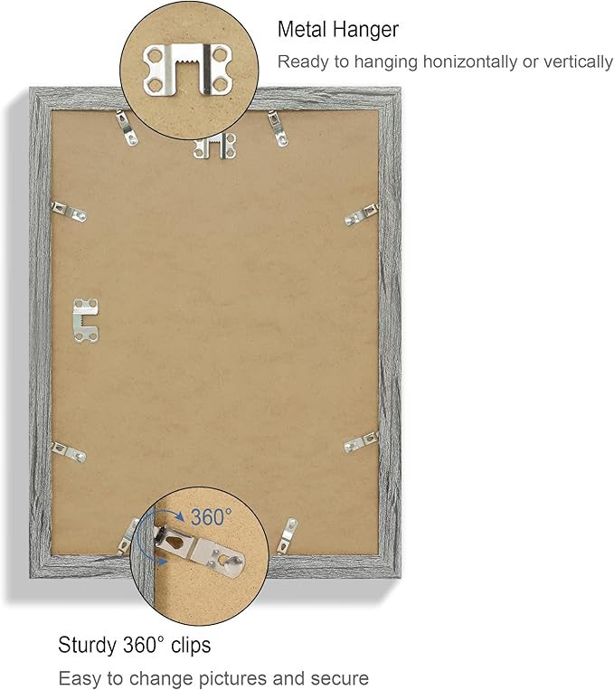 11x15 Picture Frame Set of 4, Made of Real Glass and Grey Frame - Display Picture 10x14 with Mat or 11x15 Without Mat, 11 by 15 Photo for Wall Mounting