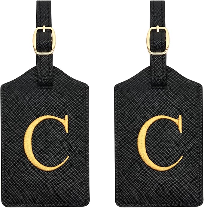 2 Pcs Initial Monogrammed PU Leather Embroidered Luggage Tags for Suitcases, Bags (C)
