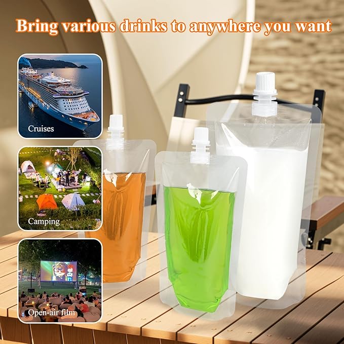 60PCS 13OZ Plastic Drinking Flasks,Spouted Pouches with Funnel,Reusable Drink Bags for Liquid Beverage Juice,Leak-Proof Food Grade for Travel Outdoor Sports Concert Cruise Events