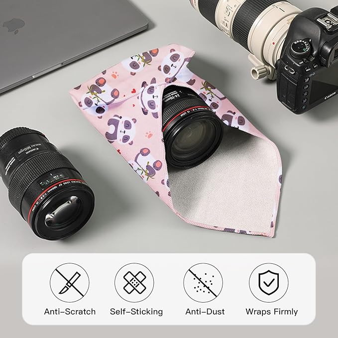 13.8x13.8 Inch Camera Protective Wrap, Lens Protector Wrapper, Pink Panda Pattern Magic Self-Adhesive Cloth for Camera/Lens/Phone/DSLR/Laptop/Accessories, Anti Scratch Equipment Wrap Storage Pouch