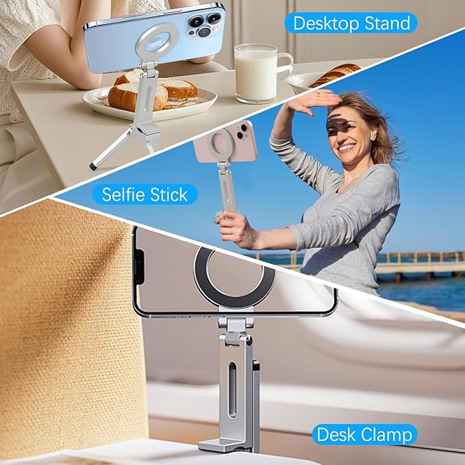 Magnetic Phone Tripod Stand,Tripods Mount Foldable,Magnetic Tripod Selfie Stick,Upgrade Mini Cell Phone Tripods Mount Handle Smartphone Desk Stand for Video Recording Travel,PhoneStand (Silver)