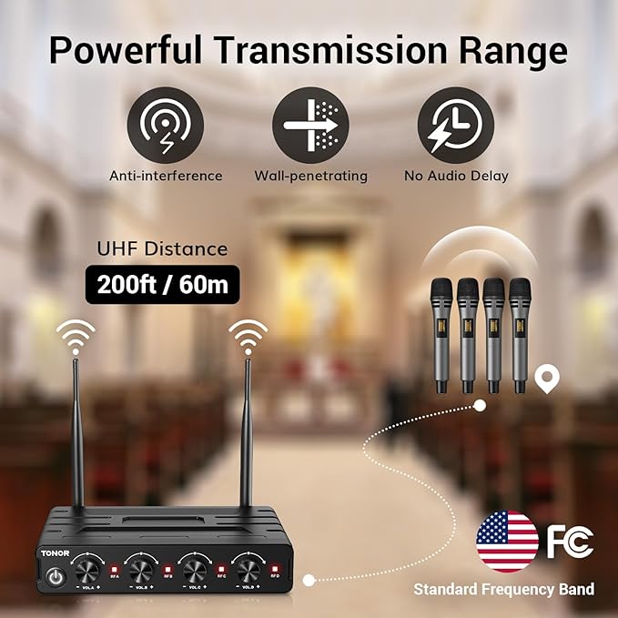TONOR Wireless Microphones System with 4x10 Channels Cordless Handheld Microfono Inalambrico, 60 m/200FT UHF Range, Mics with Stable Signal Transmission for Karaoke Singing Party Church Wedding