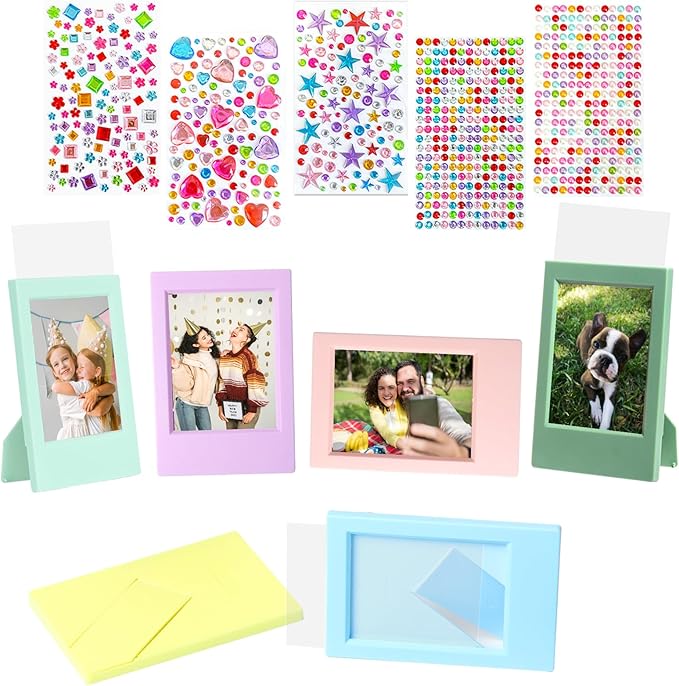 JOYZO（6+5）for Instax Picture Frames and Gem Stickers, fits for Polaroid Instax Mini 12/11/8/7s/90/50/41/SE/EVO Instant Photo Film Desktop Stand Display DIY Kit with Clear Protective Covers
