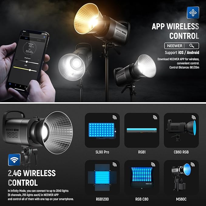 NEEWER CB60B 70W LED Video Light with 2.4G&APP Control, COB Bi Color 2700K-6500K 34000Lux at 1m/CCT CRI97+/12 Scenes/Bowens Mount, Bluetooth, with Reflector, Power Cord, Manual, Studio/Video Recording