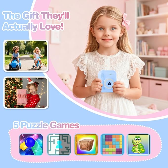 Kids Camera Instant Print with Color & Black-White Printing, 1080P HD Digital Selfie Camera for Children, 32GB, 2.4" Screen, 16X Zoom, Games, MP3 for Boys Girls Ages 3-12 (Blue)