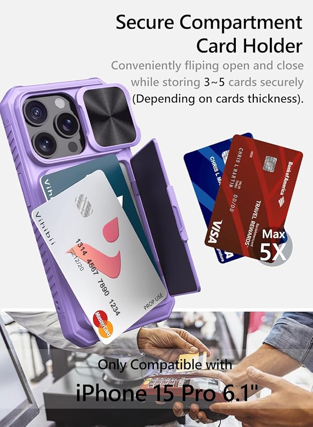 Vihibii for iPhone 15 Pro Case with Card Holder (4 Cards) & Slide Camera Cover & Kickstand, Shockproof Rugged Durable Hard Back & Soft Edge Wallet Phone Case for iPhone 15 Pro 5G 6.1" 2023, Purple