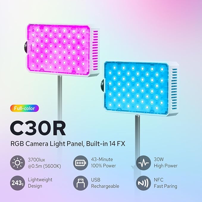 Godox C30R RGB Camera Light Panel 30W, Portable Led Camera Video Light Panel w/Diffusion, 1800K~10000K, Fast Rechargeable, Ultra Bright, Full Color LED DSLR Lighting for Photography & Video YouTube