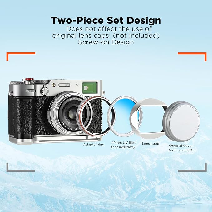 Haoge Square Metal Lens Hood for Fuji X100VI Fujifilm FinePix X100V X100F X100 X100S X100T X70 Camera Accessories Silver with Cap and 49mm Adapter Ring Kit