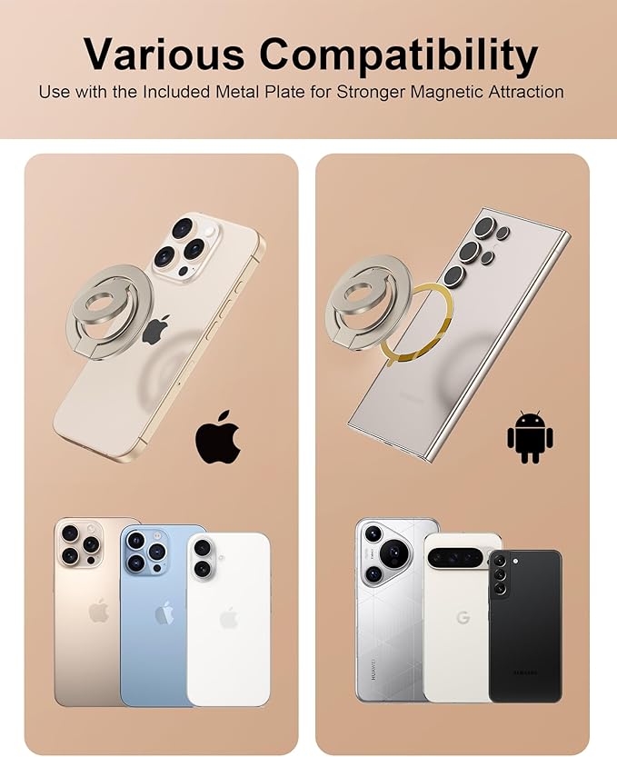 Portable Magnetic Phone Ring Stand, Dual-Side Phone Grip Holder for iPhone 17, Samsung, Foldable Kickstand Soporte Magnético para Cellular Compatible with Car Mount, Desk Stand, MagSafe & Cases-Gold