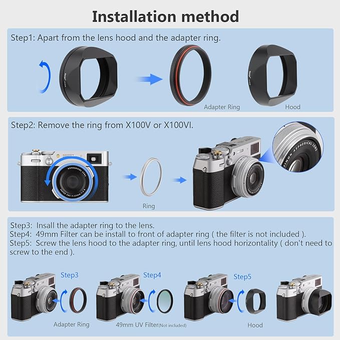 Haoge LH-X54B Square Metal Lens Hood with 49mm Adapter Ring for Fujifilm X100VI Fuji X100V Camera Black
