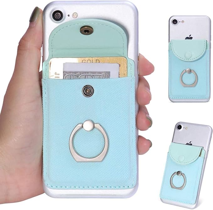 Credit Card Holder for Back of Phone with Ring Stand Stick on Phone Wallet,Ultra-Slim Self Adhesive,RFID Blocking Ring Pocket Wallet Stick on Most Smartphones(Finger Ring Mint)