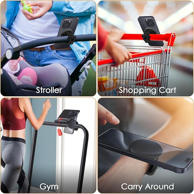 Phone Mount for Magsafe for Gym Fitness, Bike Phone Holder with Adjustable Silicone Strap Magnetic Bicycle Phone Mount for Gym Equipment, Stroller, Shopping Cart, Exercise Bikes, Golf Push Cart(black)