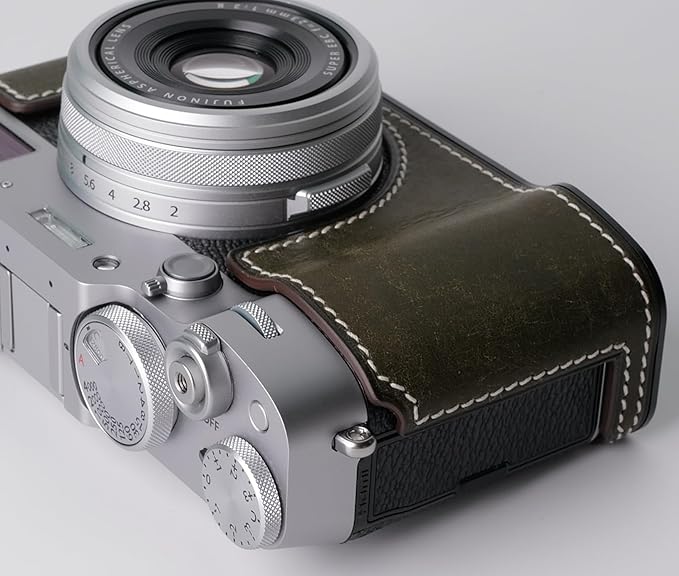 Genuine Leather Camera Half Case for Fujifilm X100VI - Top Layer Cowhide Body + Metal Base Plate - Hand Shank Free Design (Dark Green)
