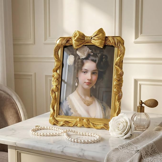 8x10 Picture Frame Gold Bow Frames, Vintage 8 by 10 Photo Frame with Bowknot Design, Ornate Handcrafted Resin Antique Frame with Glass Front for Wall and Tabletop Display, Home Decor, Gift Ideas