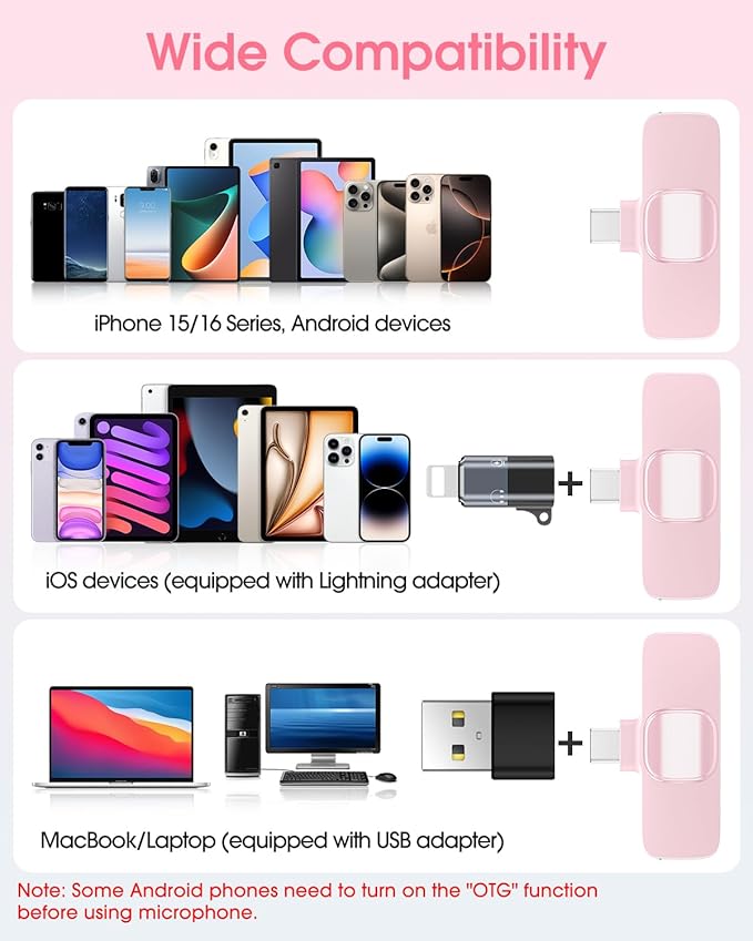 Mini Wireless Lavalier Microphone for iPhone 16/15/14/Android, Lapel Mic with Noise Reduction, 12H, 65ft, Pink Tiny Microphone Content Creator Interview for Vlog YouTube TikTok Recording (Pink)