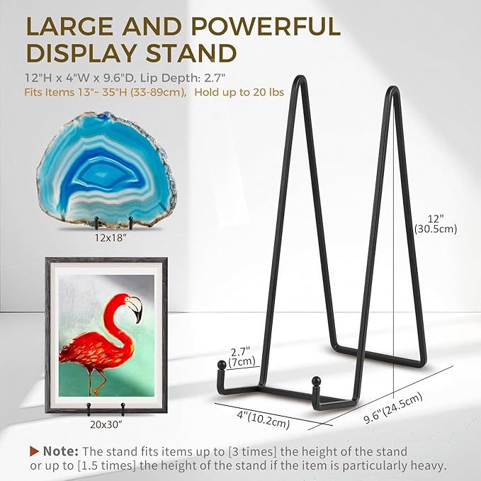 Large Plate Holder Display Stand - 12 inch Super Tall Big Plate Stands for Heavy Duty Display - Metal Picture Frame Stand - Tabletop Easel Stand for Decorative Platter | Plaque | Book - 2 Pack - Black