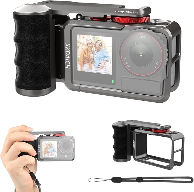 XKDAICH Metal Camera Cage with Handle Grip for DJI Osmo Action 5 Pro/Action 4/Action 3, Titanium Aluminum Alloy Expansion Adapter, Magnetic Quick-Release Street Grip Kit, Ergonomic Handle Holder
