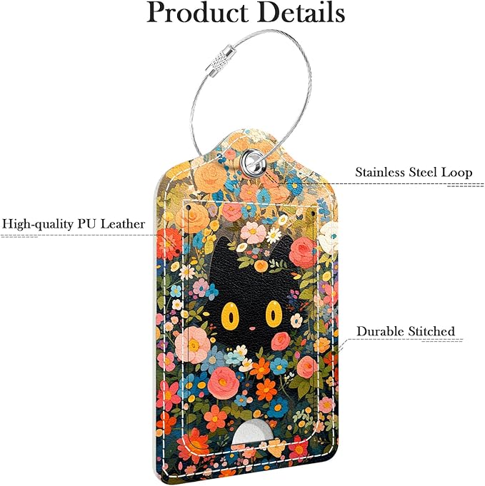 Luggage Tags for Suitcase, 2 Pack PU Leather Travel Cruise Luggage Tag with Privacy Flap, Name ID Label and Metal Loop for Women Men Girls Suitcase Baggage Bag Backpack, Kitten Flowers