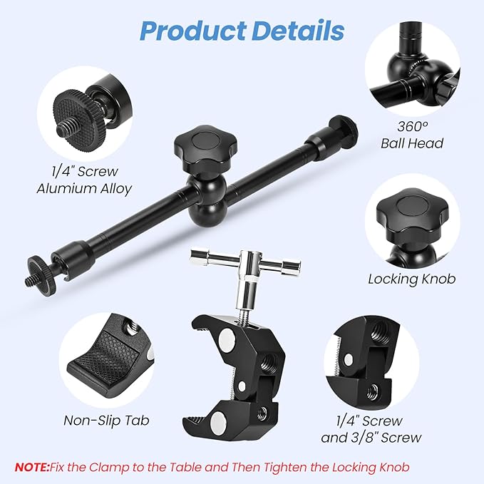 11’’ Magic Arm Super Clamp Kit 1/4" & 3/8" Screws, Small Rig Arm with Crab Clamp for DSLR,Phone,Monitor,Flash,LED Light,Camera Cage, Action Cam,360° Rotating, Table Mount