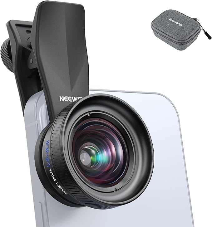 NEEWER 18mm Wide Angle Lens with 17mm Threaded Phone Camera Lens Clip, 100° FOV, 0.75X Magnification, 6 Elements in 5 Groups, Compatible with iPhone Android Samsung for Mobile Photography, LS-72