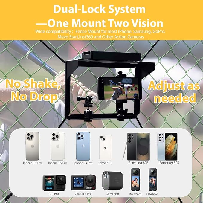 Magicbox Phone Fence Mount with Magnetic Shade Pro - 360° Adjustable Phone/Camera Bracket for iPhone, Samsung, GoPro & Mevo Start - Baseball, Softball, Tennis Sports Mounting Kit for Gamechanger