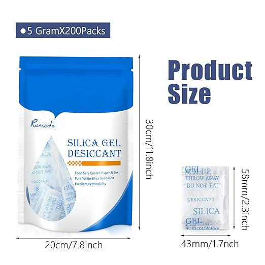 200 Pcs 5 Gram Silica Gel Packs, Transparent Desiccant, Desiccant Packets for Storage, Moisture Packs for Spices Jewelry Shoes Boxes Electronics Storage