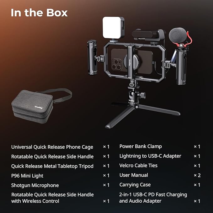 SmallRig Pro Phone Stabilizer Video Rig Kit, All-in-One Creator Bundle with LED Light, Mic,Table Tripod, Dual Handles for Live Streaming, for Creator, for iPhone 17/16/15 Pro, Android