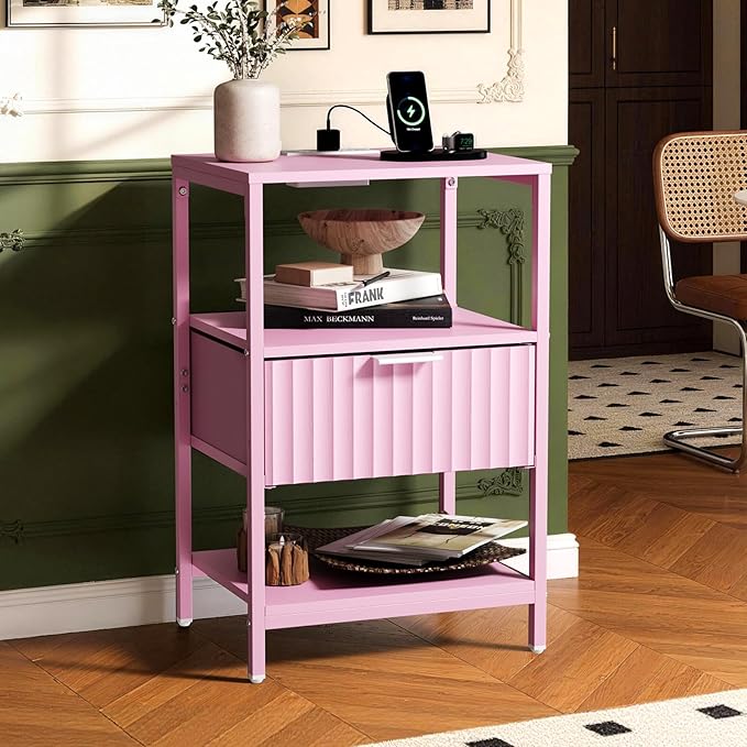Bonnlo Fluted Nightstand Set of 2, End Table with Fabric Drawer with Charging Station, Night Stand with Storage Shelf & Handle, Fluted Side Table for Bedroom/Living Room,Pink