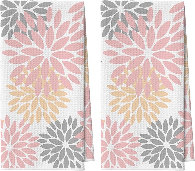 Artoid Mode Pink Dahlia Floral Bar Kitchen Towels, 12x24 Inch Quick Dry Microfiber Cloth Dish Towels for Kitchen Drying Set of 2