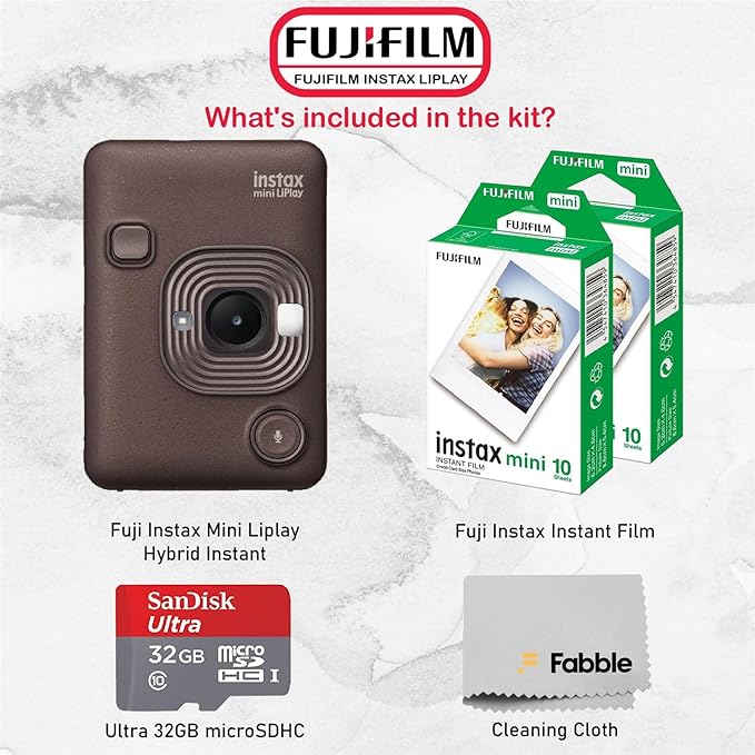 Fujifilm INSTAX Mini LiPlay Hybrid Instant Camera Bundle with 20 Sheets INSTAX Mini Film, 32GB microSD Card, USB Charging Cable, Hand Strap, Cleaning Cloth (Deep Bronze)