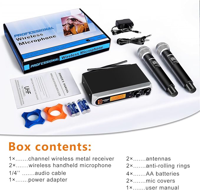Wireless Microphone System, Dual UHF Handheld Microphones, 200ft Long Range, Plug & Play, Cordless Microphone for Singing, Karaoke, DJ, Church, Wedding, Home KTV (KA-328)