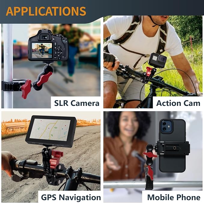 POWERTEC Super Clamp Camera Mount 360° Double Ball Head Adapter with GoPro/Phone Tripod Mount and Tripod Head for Bike, Desk, Mini Projector, Photography Lighting (71925)