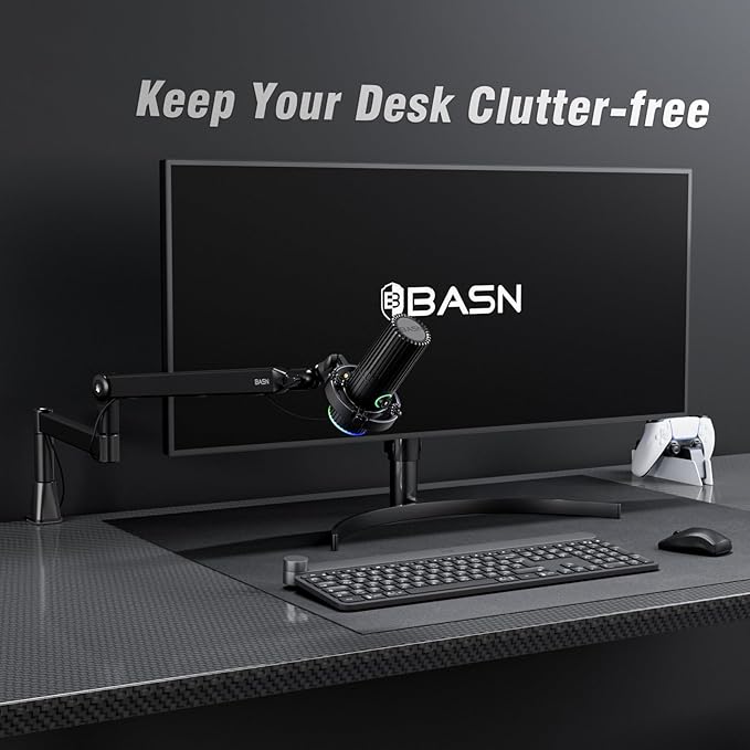 BASN Low Profile Mic Arm, Microphone Boom Arm Stand with Desk Clamp - Rotatable & Storable Design, Cable Management Channel, 3/8" to 5/8" Thread Adapter for Podcast, Gaming, Streaming, Vocal Recording