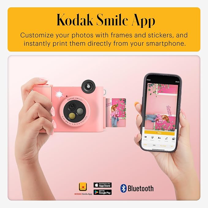 Kodak Smile+ 2-in-1 Digital Instant Print Camera & Wireless Bluetooth Photo Printer - 10MP, Special-Effect Rotating Lens, Zink 2x3” Sticky-Back Photos, Print via Fun App from Smart Devices - Pink
