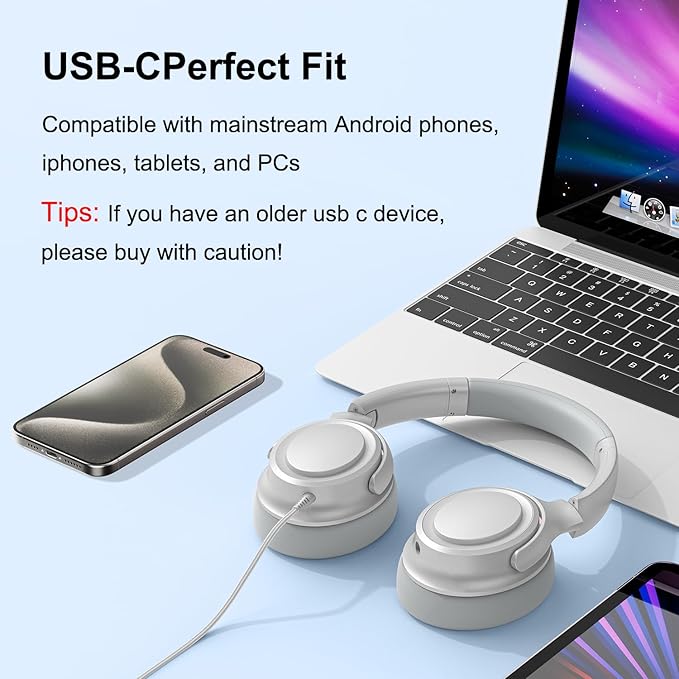 Wired Over-Ear Headphones with USB C Connector, Hi-Fi Stereo Sound, Noise-Isolating Ear Cups, Comfortable Fit for USB C Devices (No Bag, Silver)