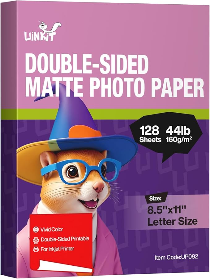 Uinkit 128 Sheets 160Gsm Professional Double Sided Matte Photo Paper - Letter Size 8.5x11, 44lb 8.5Mil,Instant Dry White Photographic Paper, Compatible with Inkjet And Laser Printers