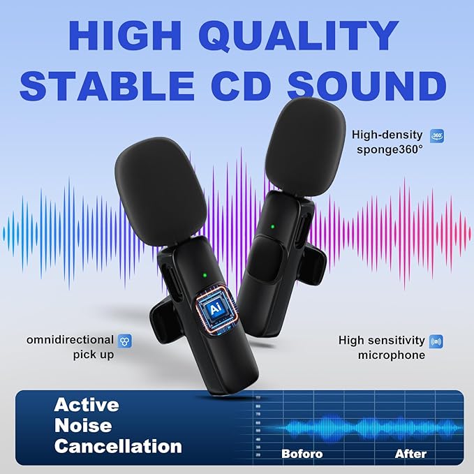 2 Pack Wireless Lavalier Microphone for iPhone,Android, USB C, Clip-on Mics, Bluetooth Lapel Mic for Video Recording Interview Vlog YouTube TikTok