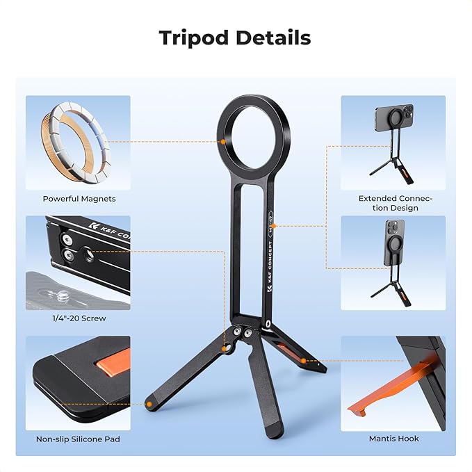 K&F CONCEPT Magnetic Phone Tripod Stand, 23N Strong Magnetic Mini Tripod Aluminium Alloy Pocket Selfie Stick, Mag Safe Phone Holder Compatible with iPhone 17 16 15 14 13 12 Series.