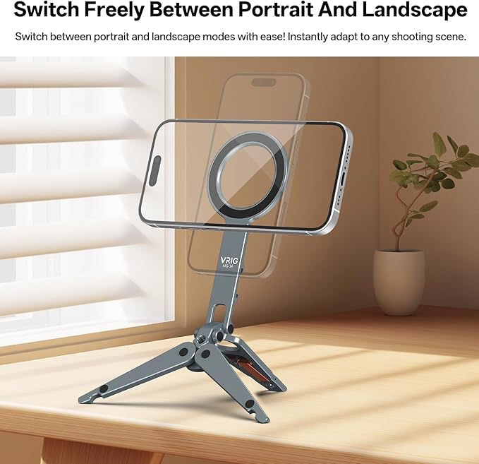 VRIG MG-34 Magnetic Phone Tripod Stand for iPhone, Aluminium Alloy Foldable Phone Stand for Desk/Handheld, 1/4'' Screw Hole, Cold Shoe Mount and Hook, Compatible with iPhone 17 16 15 14 13 12 Series