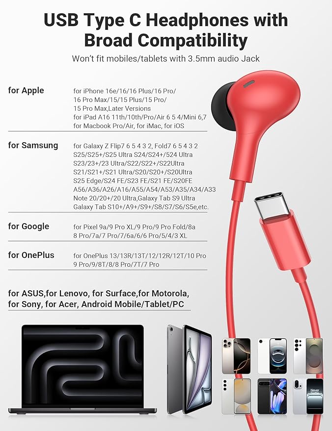 USB C Earbuds with Microphone Cute in Ear Wired Headphone USB-C Plug Ear Buds Corded Head Phone Magnetic Type C Earphone for iPhone 17 Pro Max 16 Plus 15 16e for Samsung A17 A16 S26 S25 S24